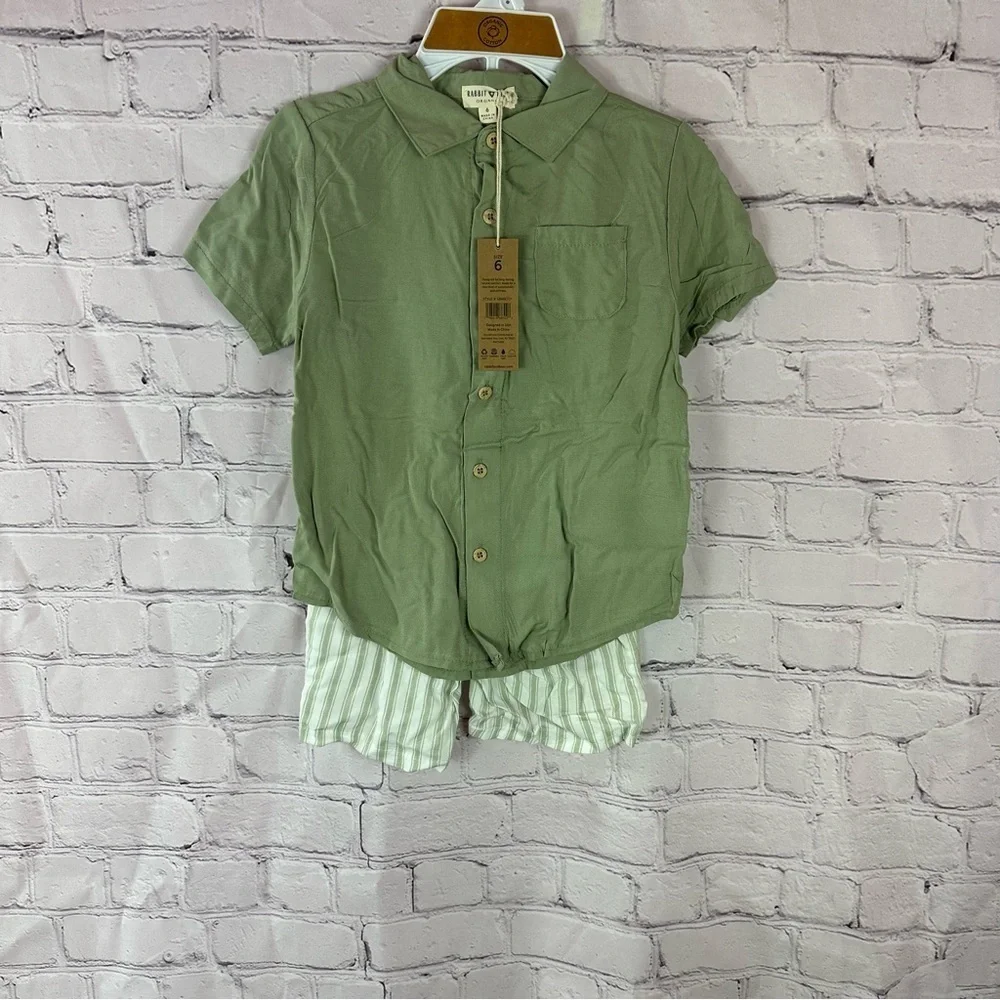 NWT rabbit + bear organic cotton linen blend short set boys sage green